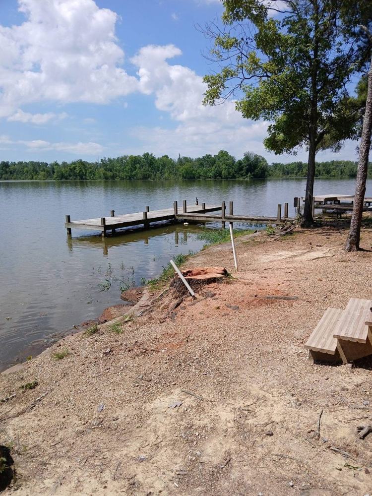 A cleaned-up lake shore with a dock and new wooden steps